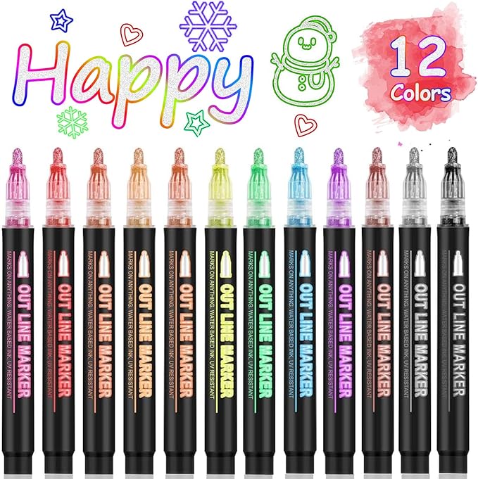 Double Line Outline Markers 12 Colors Super Squiggles Glitter Self Outline Metallic, Doodle Shimmer Drawing Pens for Christmas Greeting Card, Birthday Gift, DIY Art Crafts