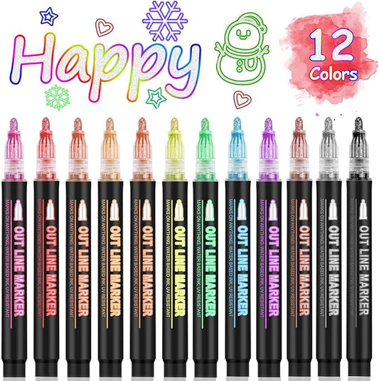 Double Line Outline Markers 12 Colors Super Squiggles Glitter Self Outline Metallic, Doodle Shimmer Drawing Pens for Christmas Greeting Card, Birthday Gift, DIY Art Crafts