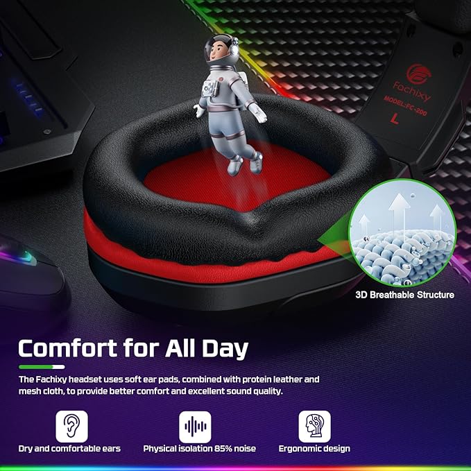 Fachixy FC200 PC Gaming Headset for PS4, PS5, Switch, Xbox One, Mac, Noise Canceling Headphones with Microphone, Computer Headset with 3.5mm Jack & RGB Light