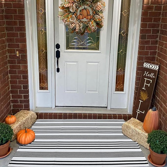 Black and White Striped Outdoor Rug Front Porch Rug 27.5"x43" Cotton Hand-Woven Welcome Mats Layered Door Mats for Front Porch/Entryway/Laundry Room/Bedroom/Outdoor