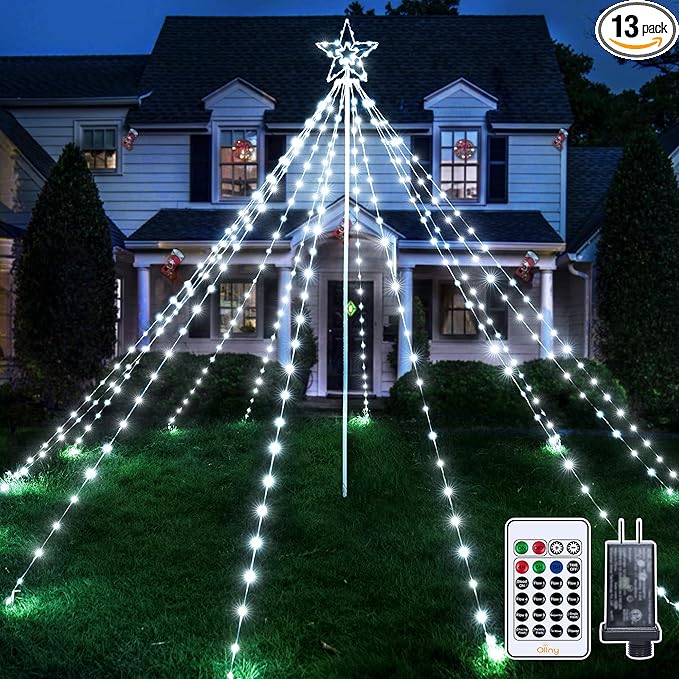 Ollny Christmas Lights Tree 340LED with Topper Star, IP67 Waterproof Remote Control Waterfall Lights with Pole, 16 Modes 3 Timers Dimmable Light Decorations for Outdoor Yard Garden Lawn(Cool White)