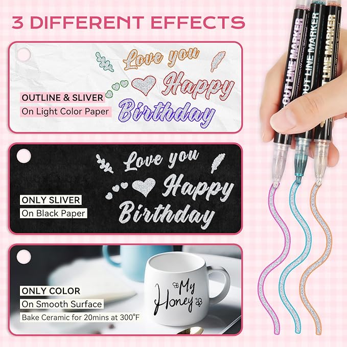 Jim&Gloria Glitter Pens Acrylic Paint Markers, Metallic Outline Markers for Kids Ages 4-8-12 DIY Crafts, Writing, Drawing, Coloring, Scrapbook, Classroom Art Supplies, Teen Girl Gifts Trendy Stuff