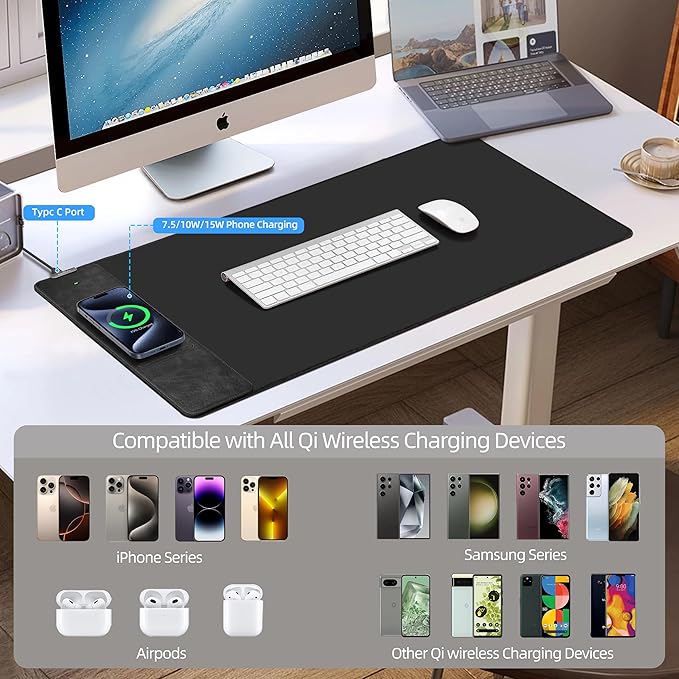Wireless Charging Mouse Pad, Gaming Mouse Pad with Ultra-Smooth Surface, 31.5”x15.75” Large Desk Mat, Non-Slip Rubber Base, Waterproof Computer Keyboard Pad for Gaming, MacBook, Laptop, Desk