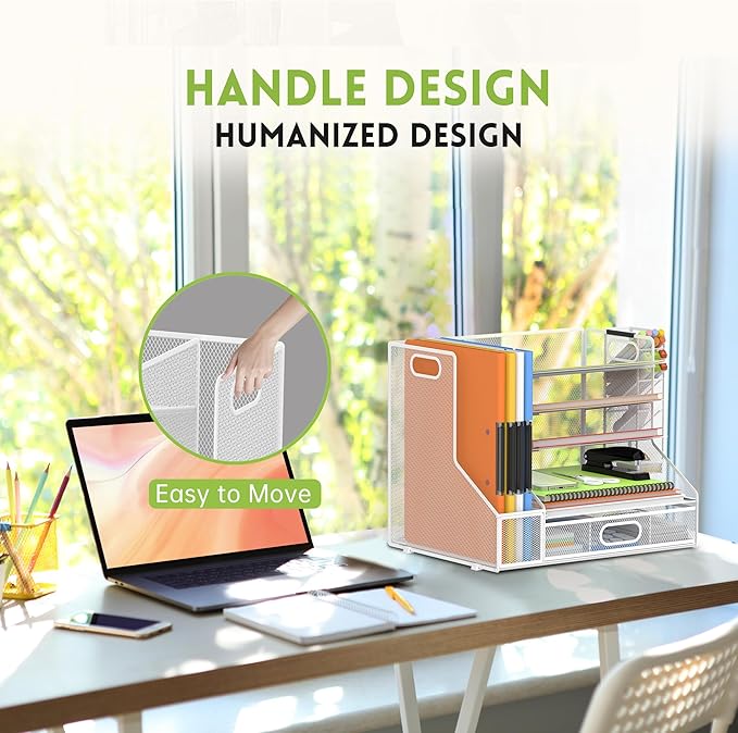 DALTACK Mesh Desk Organizer, 5-Tier Paper Letter Tray with File Holder & Pen Holder & Sliding Drawer, Desktop Organizer and Storage for Desk Accessories Office Supplies, White