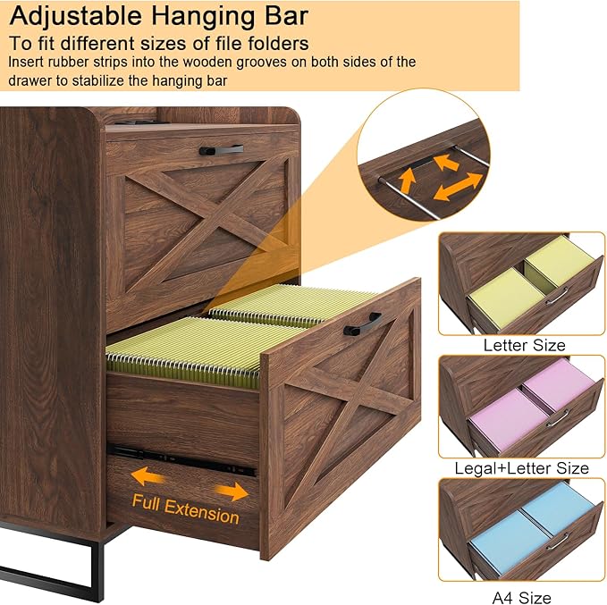 File Cabinet 2 Drawers Lateral File Cabinet with Charging Station for Letter/Legal/A4 Size Hanging Files, Large Wood File Storage Cabinets Printer Stand for Home Office, Dark Walnut