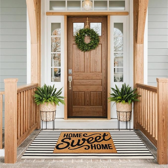 Collive Black and White Outdoor Rug Christmas Door Mat 24"x 51", Cotton Woven Striped Welcome Doormat, Washable Front Porch Decor for Farmhouse Front Door Layered Entryway Christmas Decorations
