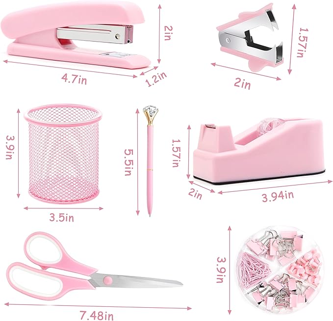 Pink Office Supplies, Pink Desk Accessories, Stapler, Staple Remover, Tape Holder, Pen Holder, Ballpoint Pen, Scissor, Binder Clips, Paper Clips and 1000pcs Staples.