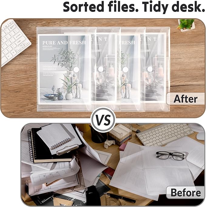 SUNEE 12 Pack Plastic Envelopes, Clear Folders for Document for A4 Letter Size, Poly File Folders with Label Pockets for School Home Office Organizer Work Supplies