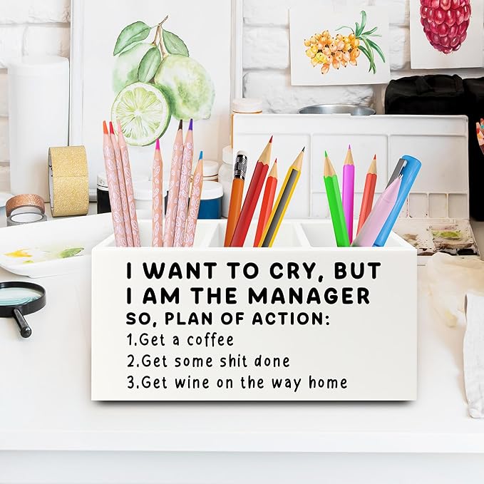 Funny Pen Office Pencil Holder Organizer for Desk, Manager Gifts for Women Men, Funny Coworker Gifts Wooden Box Sign for Home Office Desk Tabletop Decorations