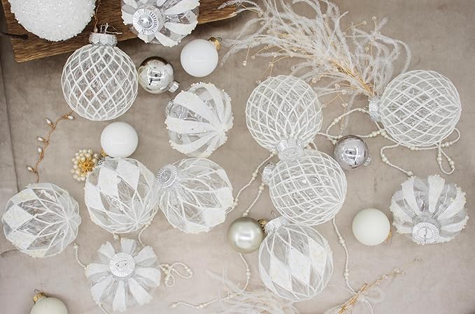 12 PCS Clear and White Christmas Ball Ornaments, 80mm/3.15 Inches Rustic Farmhouse Christmas Decorations, Large Shatterproof Luxury Hand-Painted Xmas Ornaments for Christmas Tree, Wedding