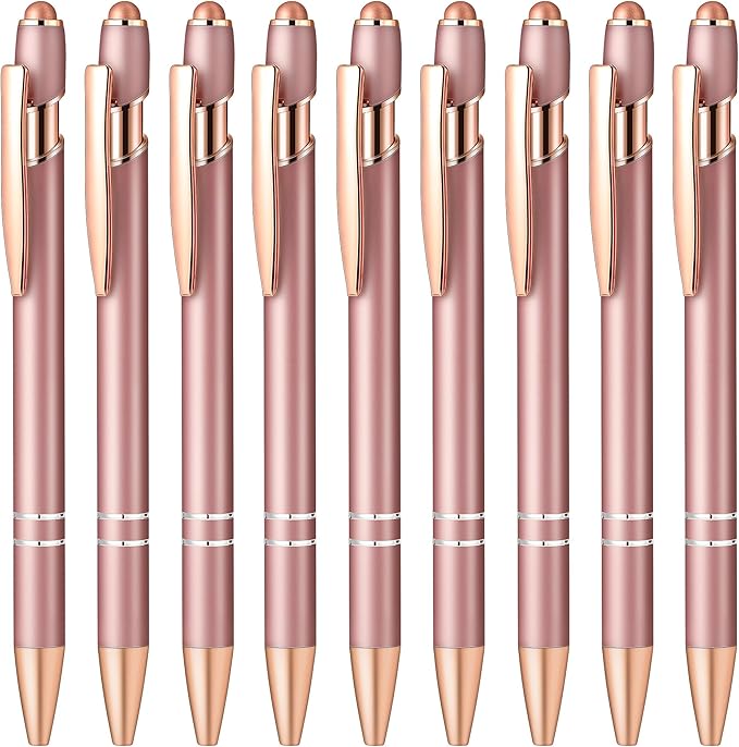 Aozora 9 Pack Ballpoint Pens Smooth Writing 2-in-1 Stylus Retractable Ballpoint Pen with Stylus tip, Office Decor Metal Stylus Pen for Touch Screens, 1.0 mm Black Ink (Rose Gold)