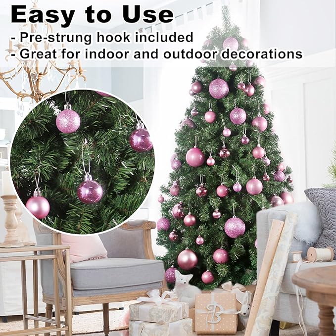 Bubblegun Pink 1.6" Small Christmas Balls Christmas Tree Decoration Ornaments Shatterproof Hanging Balls for Birthday Halloween Holiday Wedding Decorations Set of 24pcs