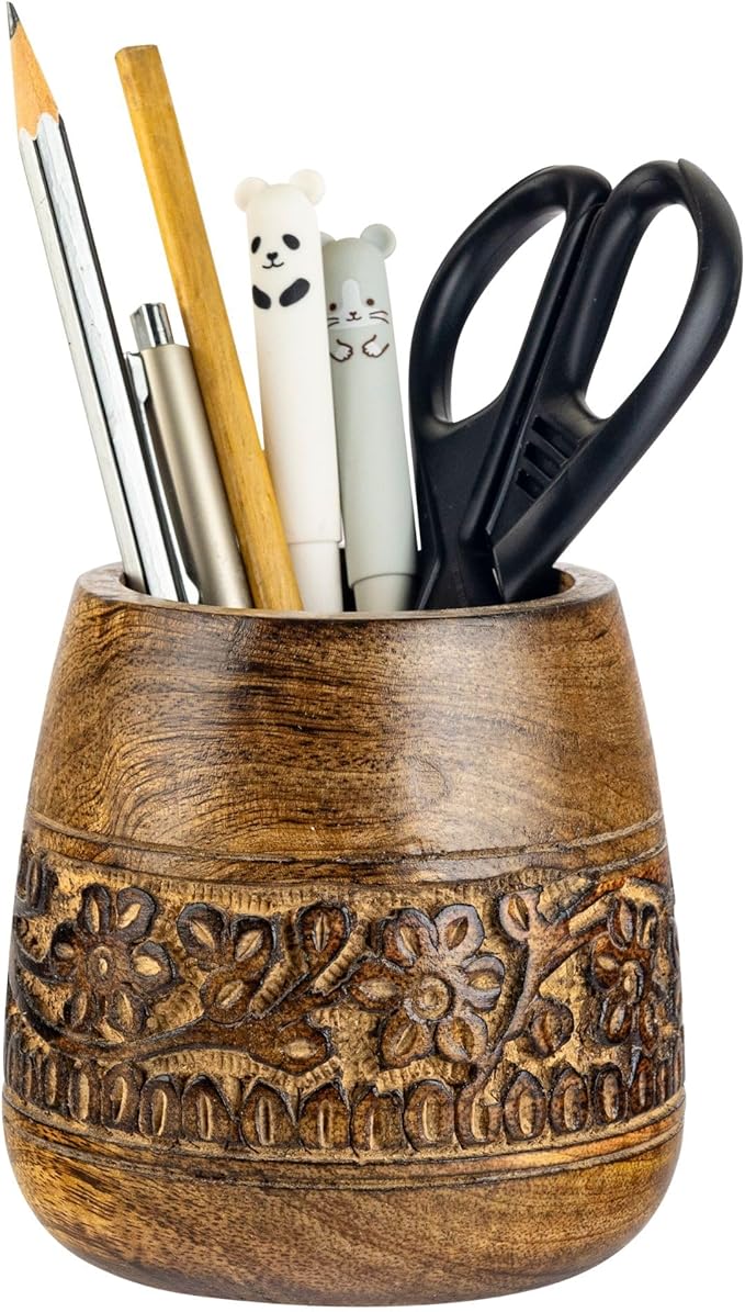 Mie Creations Designer Pencil Holder for Desk Wood | Wooden Pen Stand, Paintbrush Cup, Desk Accessories, Cute Make Up Brush Organizers | Office Desktop Stationery, Christmas Holidays Gift- 4'' Brown