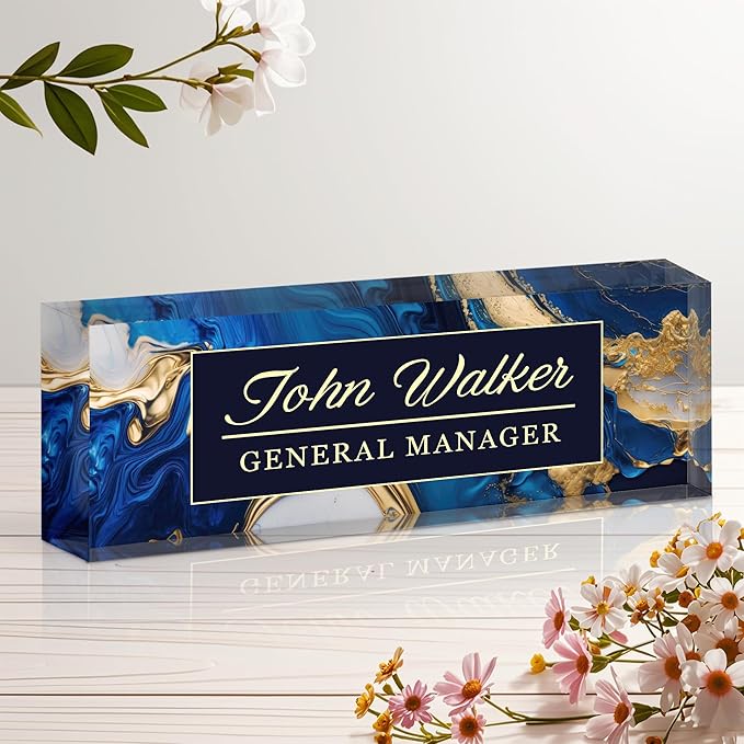 Ship Next Day Personalized Name Plate for Desk, Custom Acrylic Desk Name Sign, Office Appreciation Gifts for Women Men Coworkers Boss Teacher Employee (Blue Coast)