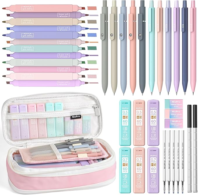 Nicpro 39 PCS Aesthetic School Supplies with Cute Pink Pencil Case, 12 Pastel Highlighters, 5 Quick Dry Black Ink Pens, 6 Mechanical Pencil 0.5 & 0.7 mm for Girls Student Stationary College Essentials