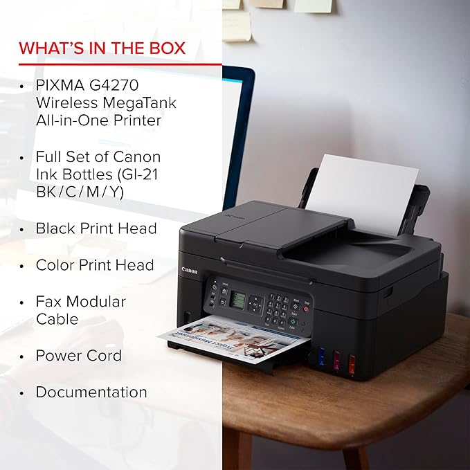 Canon Megatank G4270 All-in-One Wireless Supertank Printer |Print, Copy, Scan and Fax|with Airprint and Mopria Printing|Auto Document Feeder and Backlight 1.35" Square LCD Screen
