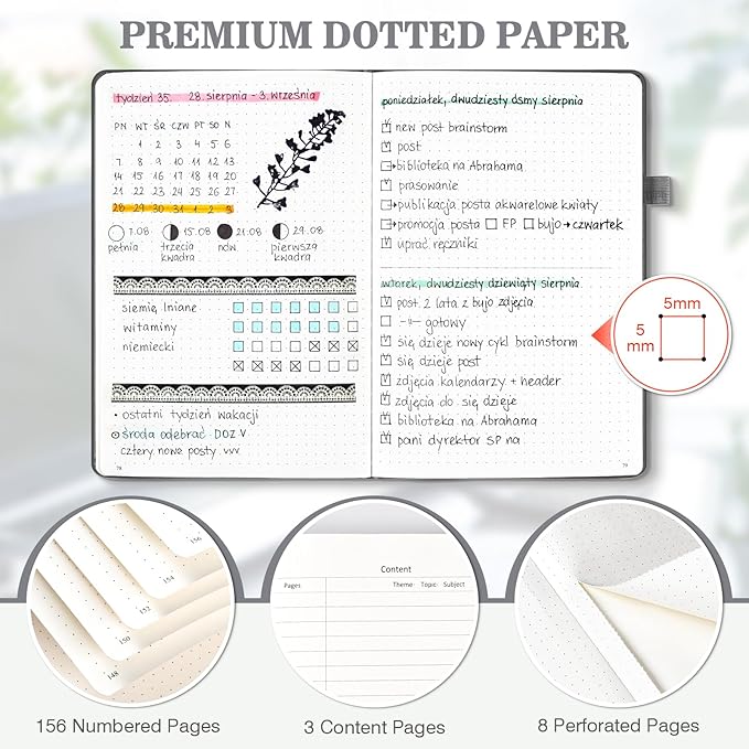 Bullet Dotted Journal Notebook 3 Pack, A5 Dotted Journal with 120gsm Paper, Leather Dotted Notebook, Hardcover Dot Grid Notebook Each with 156 Nmubered Pages, Dot Journal for Women, Men 5.75" × 8.38"