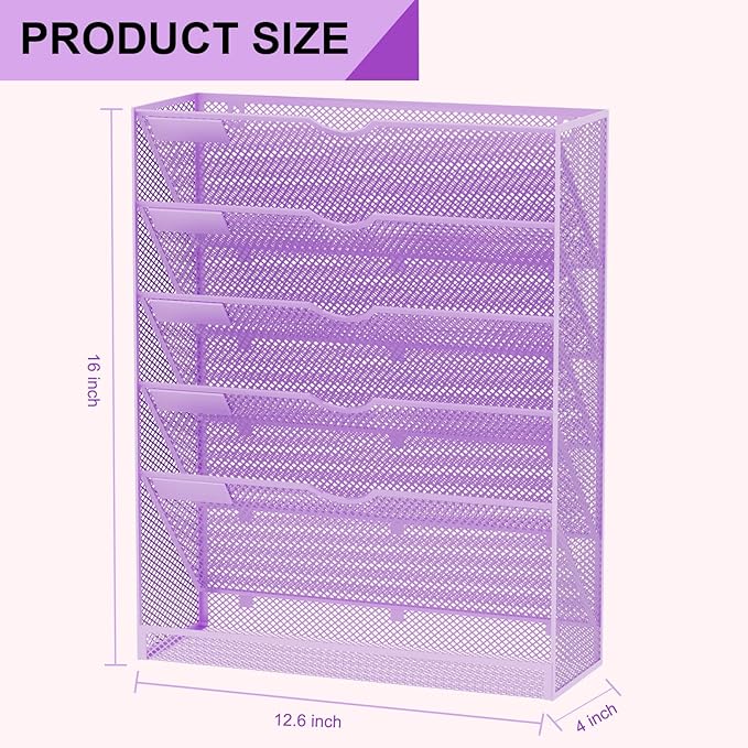 Hanging Wall File Organizer 6 Tier Wall Mounted Mail Paper Folder Holder Document Organization Stand, Vertical Desk Magazine Rack for Office Home Cubicle Countertop, Light Purple