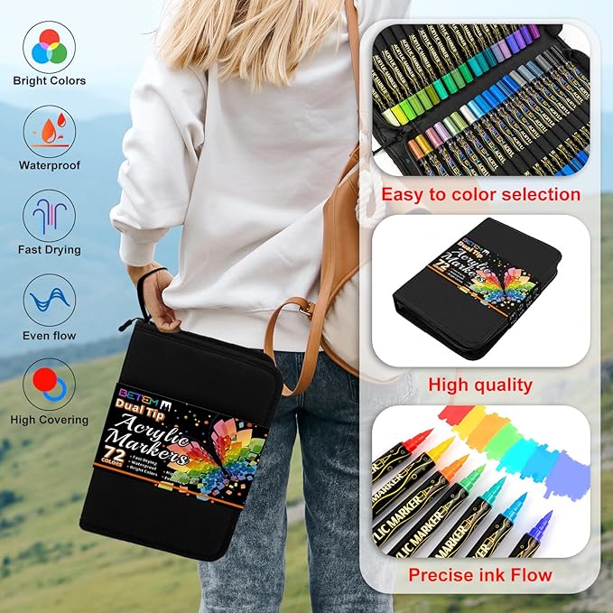 Betem Paint Markers Acrylic Paint Pens, Dual Tip 72 Colors Acrylic Markers with Brush Tip and Fine Point, Art Supplies for Wood, Canvas, Stone, Glass, Rock Painting Kit DIY Crafts Drawing Kit with Bag