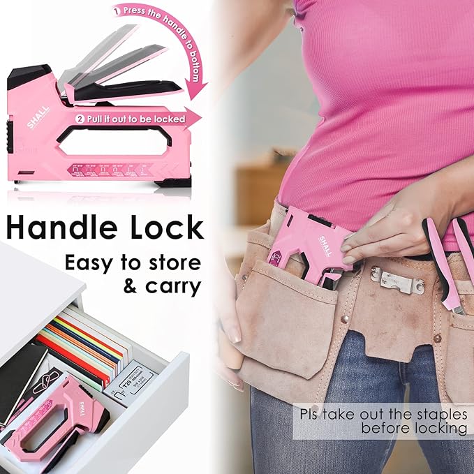 SHALL 6-in-1 Staple Gun Heavy Duty - Pink Upholstery Stapler Nail Gun with 4000 Counts Staples, Women Manual Brad Nailer with Stapler Remover for Wood, Crafts, Fabric, Decoration, Carpentry, Furniture