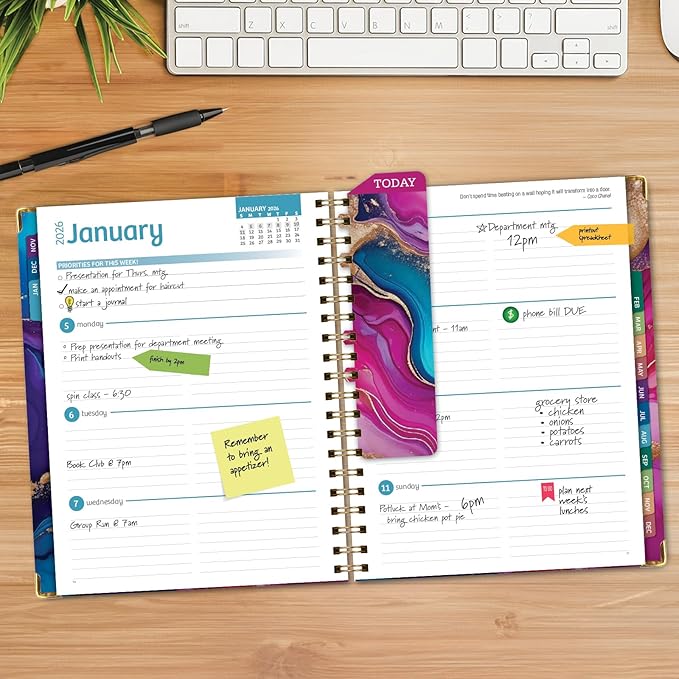 HARDCOVER 2026 Planner, 8.5"x11": 14 Months (November 2025 - December 2026), Daily Weekly Monthly Planner, Yearly Agenda, Bookmark, Pocket Folder and Sticky Note Set (Pink Purple Marble)