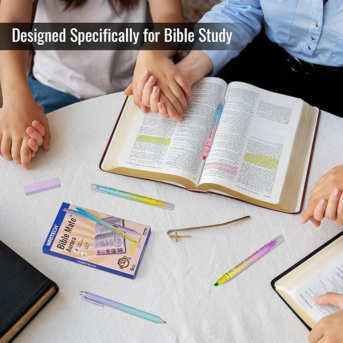WRITECH Bible Mate Journaling Set: No Bleed Aesthetic Highlighters & 1.0 mm Black Ballpoint Pens, Bible Safe Dual Tip Highlighters, Pastel Colors, Fast-drying Ink, Journaling Kit, 9ct