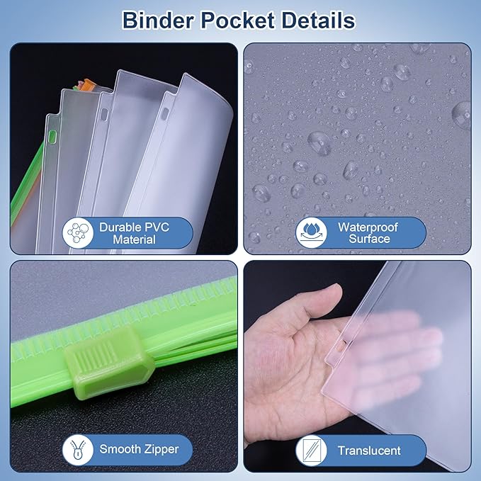 Antner 30PCS Letter Size Binder Pockets for 3 Ring Binder, 10 Assorted Colors Zipper Pouches Waterproof PVC Document Organizer File Folders 3-Hole Loose Leaf Insert Bags Page Sleeves Sheet Protectors