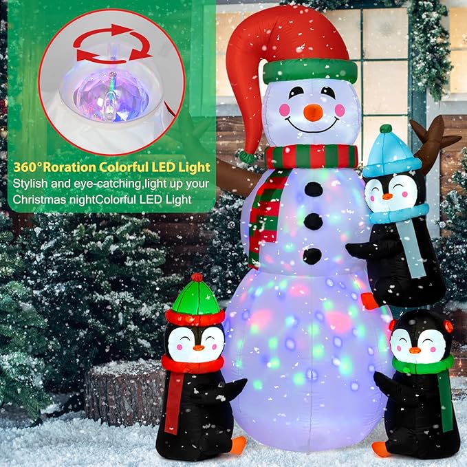 Christmas Inflatables Outdoor Decorations, Sizonjoy 6FT Snowman and Penguins Christmas Decorations with Rotating Colorful LED Lights Blow Up Yard Decorations for Lawn Garden Xmas Party