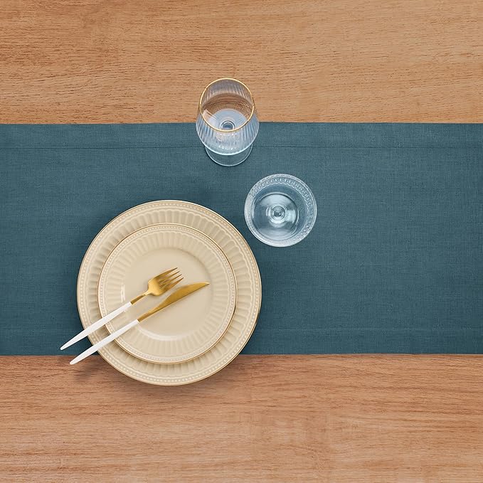 Solino Home Linen Table Runner 120 Inches Long - 100% Pure Linen Peacock Blue Table Runner 14 x 120 Inch - Fete