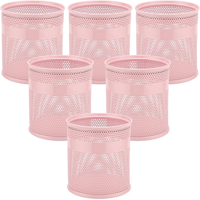 Segarty Pencil Holder, 6 Pack Pink Pen Holder for Desk, 3.9 x 4.2 inch Large Mesh Round Pen Cup Container Set Desktop Accessories Organizer for Office Supply, School Classroom, Makeup Brush
