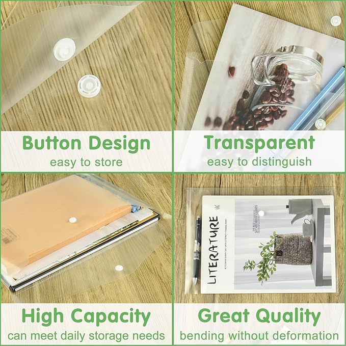 NACHLYNN 48pcs Plastic Envelopes Poly Envelopes with Snap Closure A4 Size Clear Document File Folders Organizers Clear Envelope for School Office Supplies