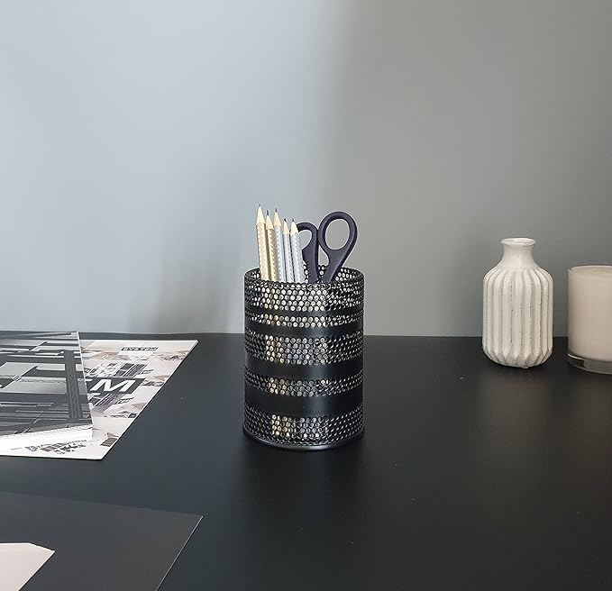 Metal Mesh Pen Pencil Cup Holder Stand Office Desk Organizer Stationery Caddy, Black (2 Pack)