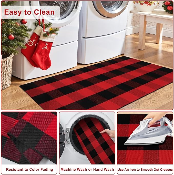 OJIA Christmas Front Door Mat 24"x51", Red Plaid Front Porch Rug Machine Washable Rugs for Kitchen Entryway Doormat Indoor Outdoor Layered Door Mats Farmhouse Throw Rug for Bathroom/Bedroom