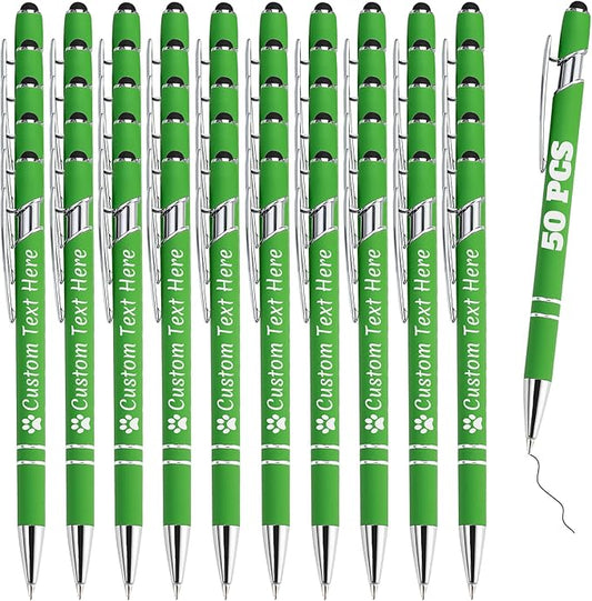Personalized Pens Bulk 50 with Name Custom Engraving Ballpoint Pens with Stylus Tip Customized Smooth Writing Pens Personalized Gifts for Anniversary Birthday or Graduation(Light Green,Black Ink)