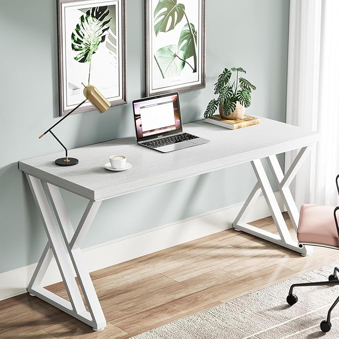 Tribesigns Writing Computer Desk, 55 inch Heavy Duty Study Desk with Z-Shaped Metal Leg, Modern Simple Home Office Computer Desk, White