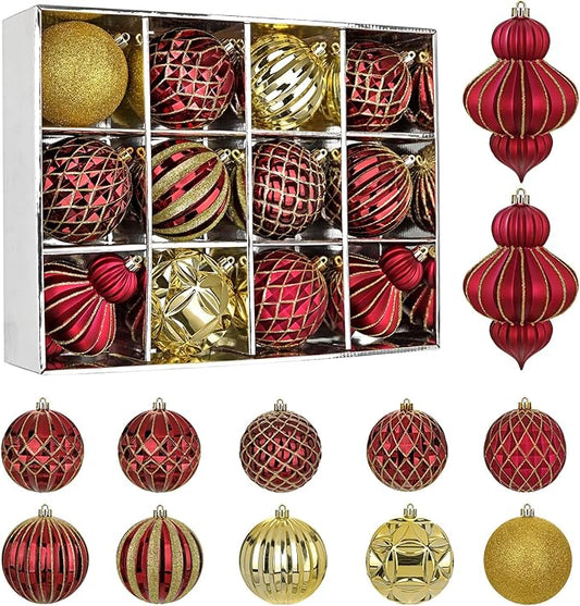 4" Christmas Ball Ornaments Set 12PCS Large Shatterproof Plastic Ornaments Christmas Tree Ball Hanging Ornaments for Xmas Tree Wedding Party Holiday Decorations - Dark Red, Gold