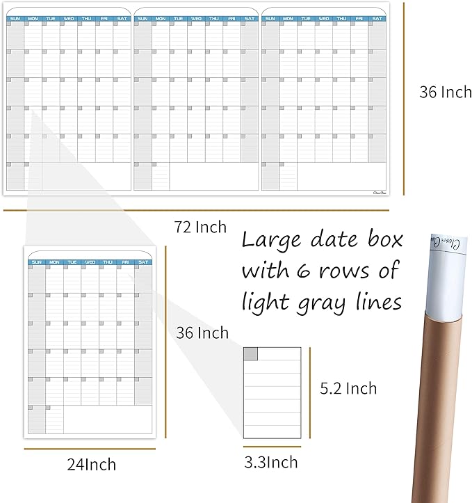 CLEVER CLEAN Large Dry Erase Wall Calendar - 36"x72" Undated 3-Month Calendar for Home, School, Office Projects - Jumbo Reusable Task Organizer
