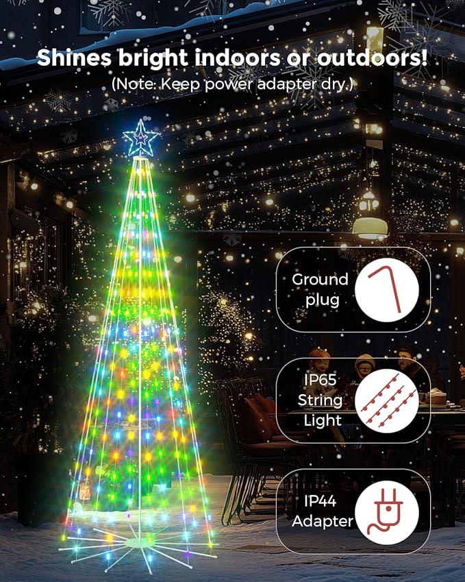 8ft Smart Outdoor Lighted Christmas Tree with Sturdy Iron Base, 16 Mil Color Changing, Music Sync, Timer, Group Control, RGB Led Christmas Decorations for Indoor Outdoor