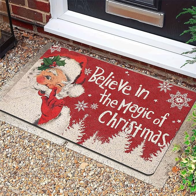 InterestPrint Merry Christmas Doormat Red Christmas Santa Claus Decorative Doormat Indoor Outdoor Entrance Xmas Winter Welcome Door Mat Anti-Slip Rubber for Seasonal Holiday Decortion, 18" x 30"Inch