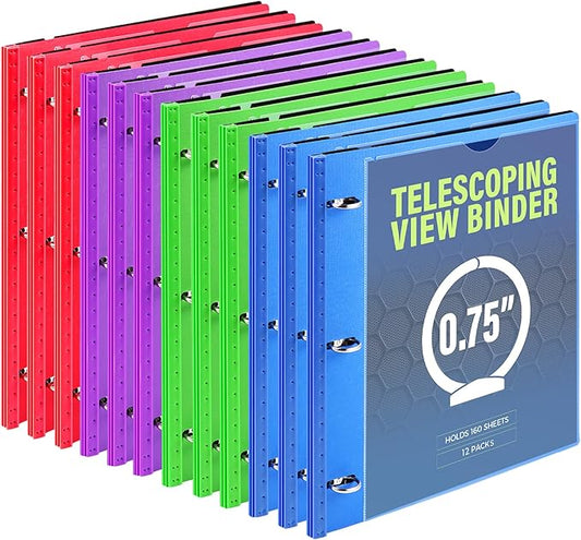 WOT I 12-Pack Telescoping 3 Ring Binder(0.75"), Expandable Flexible Binder - Patented Design for Easy Portability, Holds 160 Sheets, 4 Vibrant Colors, Perfect for School, Office&Home Organization