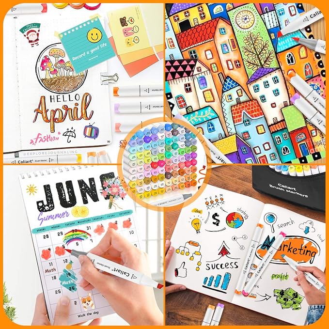 Caliart Markers Brush Tip & Chisel, 168 Colors Dual Tip Alcohol Markers for Adults Coloring Book, Permanent Art Pen Set for Professional Artists Illustration Sketch Drawing Gifts