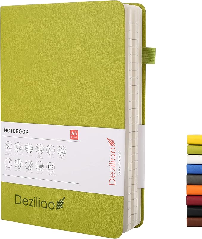 Deziliao Lined Journal Notebooks with Pen Loop, Hardcover Notebook Journal for Work, 100Gsm Premium Thick Paper with Inner Pocket, Medium 5.7"x8.4", （Green, Ruled）