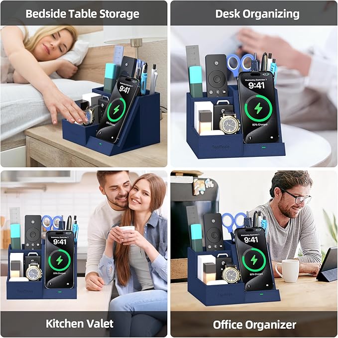 TopMade Wireless Charger with Desk Nightstand Organizer, Leather Pen Pencil Holder Bedside Fast Charging Station, for iphone Charging Stand Office Supplies Desk Accessories, Gifts for Men(Blue)