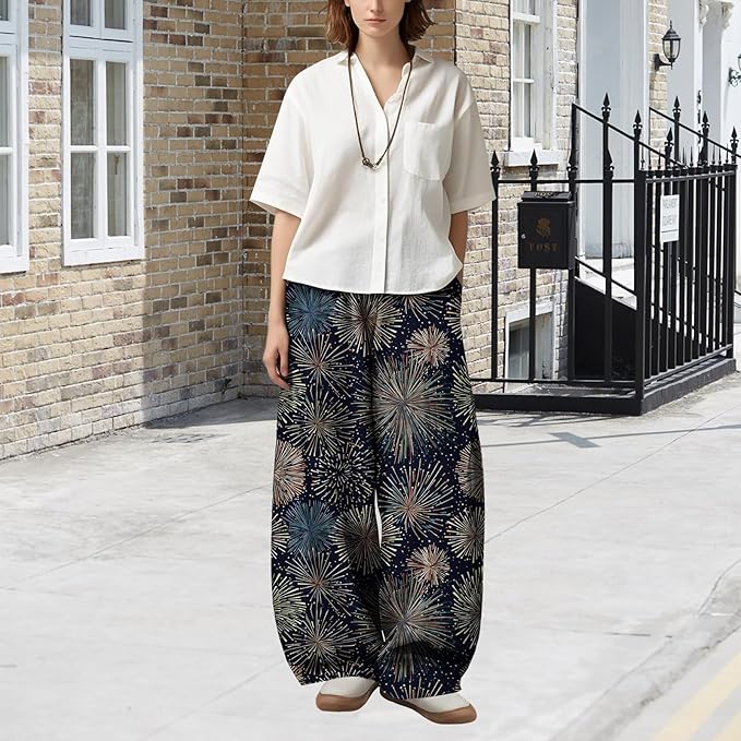 Zaswen Women's Oversize Loose Fit Breathable Pants Wide Leg Lounge Pants Fashion Casual Fireworks Print Trousers with Pockets