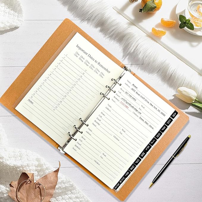 Refillable Address Book Binder with Alphabetical Tabs, 648 Entry Space Large Print Telephone Book, PU Leather Contact Book with Tabs & Pockets & Pen for Seniors Office Home