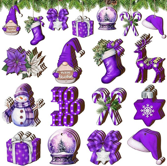 Huwena 36 Pcs Christmas Wooden Ornaments Purple Christmas Decorations for Tree Snowman Gnomes Poinsettia Flowers Truck Wreath Wood Cutouts Tags with Ropes Winter Decor for Xmas Tree Gifts