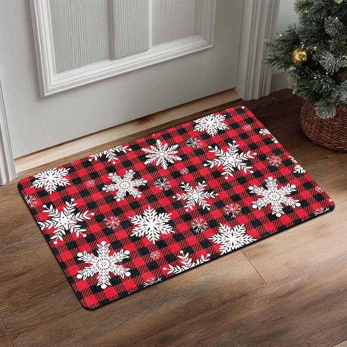 Merry Christmas Snowflakes Red Plaid Door Mat, Christmas Buffalo Plaid Doormat with Non-Slip Backing Front Porch Rug Welcome Mats for Home Indoor Outdoor, 16" x 24" Inch