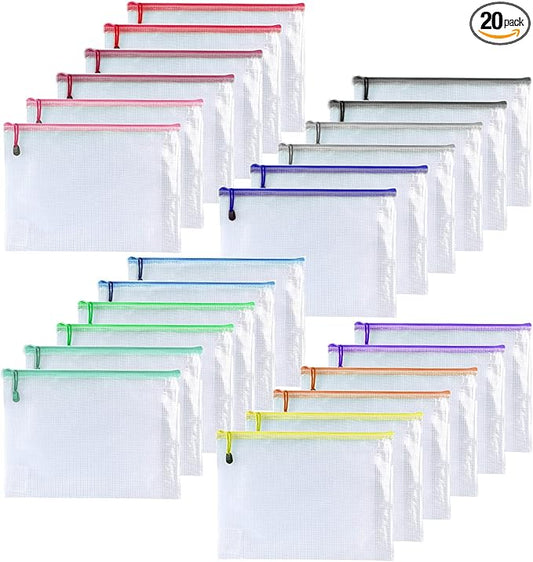 OAIMYY-20 Pcs 7"x 11" Mesh Zipper Pouch Bags, Zipper Bags for Organizing Storage,Zipper Pouches, Letter Size, File Bags for School,Puzzle, Board Games and Office Supplies (Color)