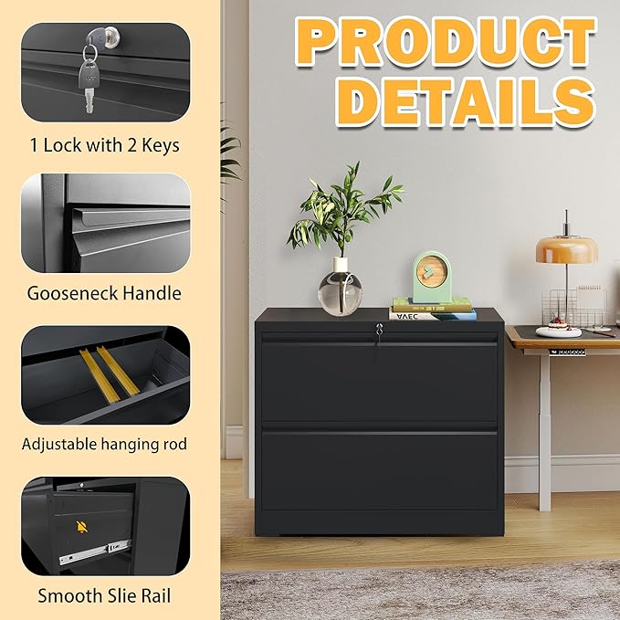 2 Drawer Lateral File Cabinet with Lock, File Cabinet, Metal Lateral Filing Cabinets for Home Office, File Storage Cabinet for Legal/Letter/A4 Documents, Assembly Required (Black, 26'W)