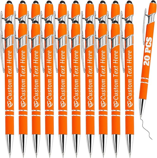 Personalized Pens Bulk 20 with Name Custom Engraving Ballpoint Pens with Stylus Tip Customized Smooth Writing Pens Personalized Gifts for Anniversary Birthday or Graduation(Orange,Black Ink)